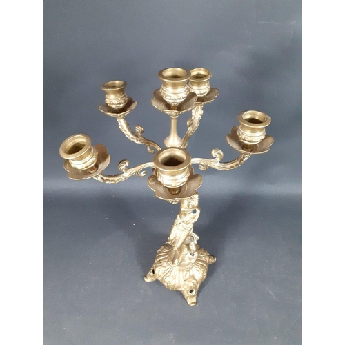 119 - A five branch, 6 light brass candelabra with classical female figure, stands 43cm tall approx#130... 