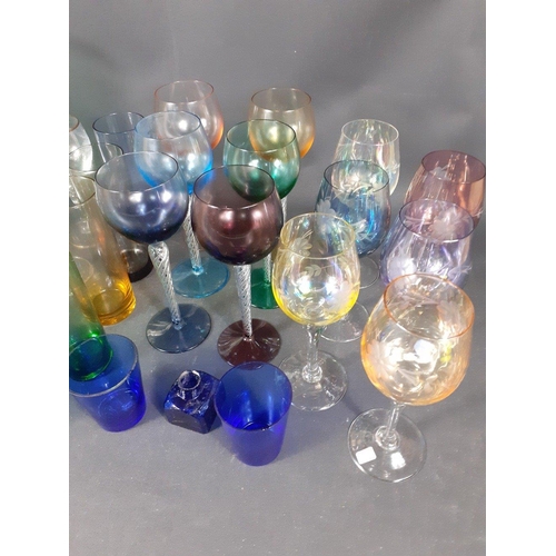 145 - Colourful glassware to include 6 highball glasses, 6 sherry glasses, 6 hock glasses, 6 wine glasses ... 