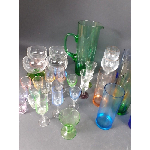 145 - Colourful glassware to include 6 highball glasses, 6 sherry glasses, 6 hock glasses, 6 wine glasses ... 