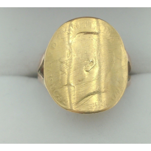 16 - A hammered George V gold 22ct coin with a 375 stamped yellow gold ring base size N total weight comb... 