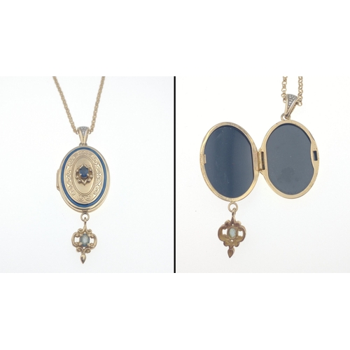 17 - A stamped 375 yellow gold locket with blue stone on a 375 stamped yellow gold chain weight 8.55g gro... 