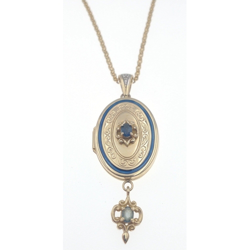 17 - A stamped 375 yellow gold locket with blue stone on a 375 stamped yellow gold chain weight 8.55g gro... 