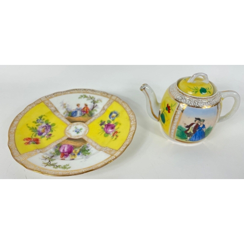 173 - A PRETTY and stunning Richard Klemm miniature teapot and saucer, various  figural scenes and floral ... 