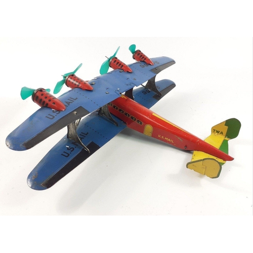 228G - A superb rare 1930s original American tinplate biplane with clockwork motor in working order. Made b... 