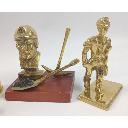 230 - A selection of miniature mining items including a brass PROTECTOR LAMP (12cm tall), two BRASS FIGURE... 