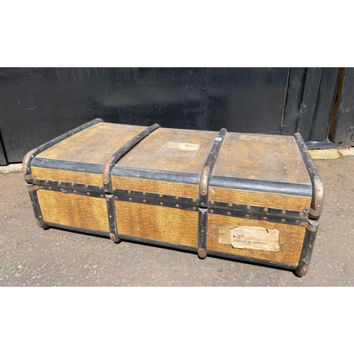 245 - A vintage trunk (90Lx 30Hx53Dcm) with mock crocodile skin cover, wooden bands and white metal edging... 