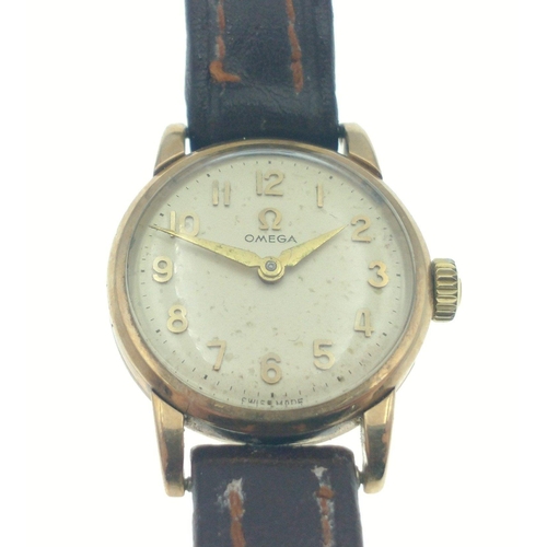 32 - Ladies VINTAGE Yellow Gold Hallmarked OMEGA hand wound wristwatch with brown leather strap - face di... 