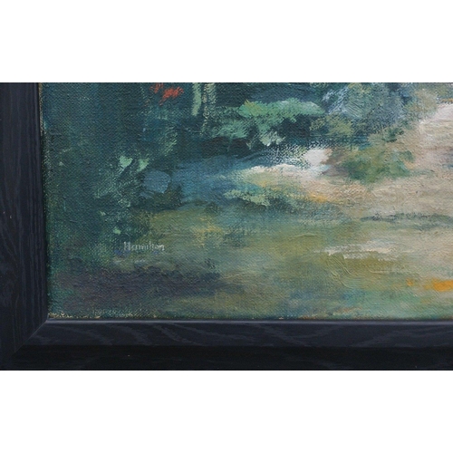 327 - An original oil on canvas of a river and bridge scene by HAMILTON (110x65cm approx)#347