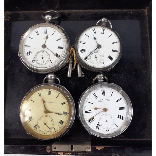 32B - A lacquer box containing four silver pocket watches. Gross weight 430g approx#35