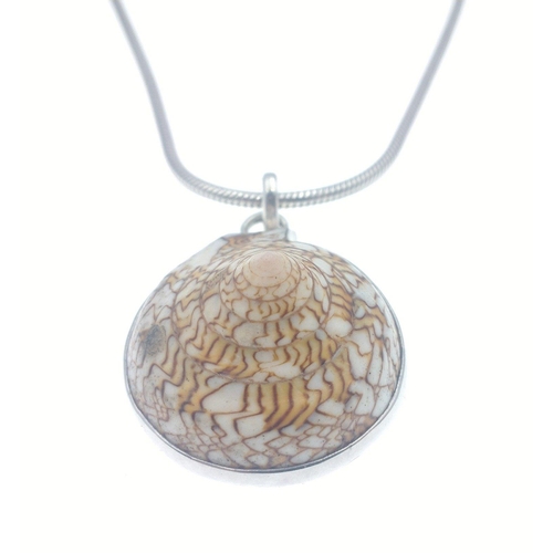 34 - An unusual 925 stamped shell pendant (4cm approx, gross weight 19.50g) with a heavy rope chain weigh... 