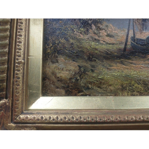 341 - Oil painting on canvas mountain country and river scene with gilt frame#361