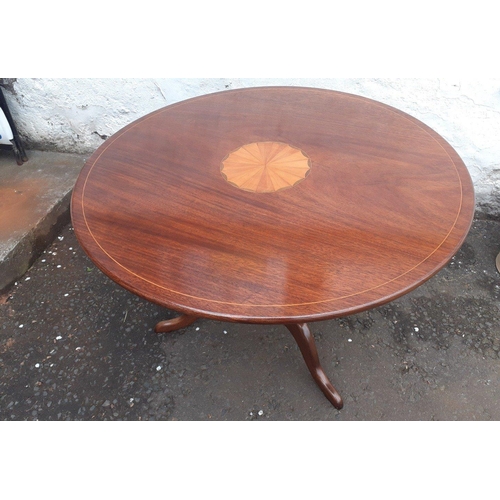 382 - Tilting mahogany inlaid table on tripod support legs - diameter 75cm x height 57cm approx#406