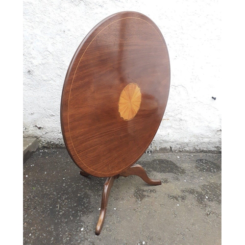 382 - Tilting mahogany inlaid table on tripod support legs - diameter 75cm x height 57cm approx#406