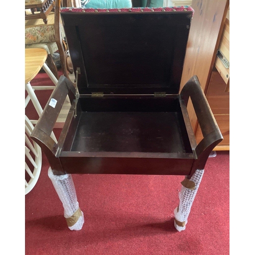 425 - A nice VINTAGE lidded piano stool with sheet music storage and an UNUSUAL long-stitch tapestry padde... 