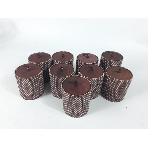 495 - Nine brown wooden storage pots 9cm tall, 8cm dia#522