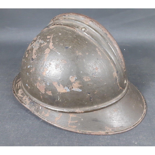 87 - WWI French Era ADRAIN steel helmet repurposed for WWII use by French Resistance / Free French.  Scra... 