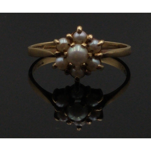 9 - A 375 stamped gold ring set with seven seed pearls, Size P, gross weight 1.85g#10