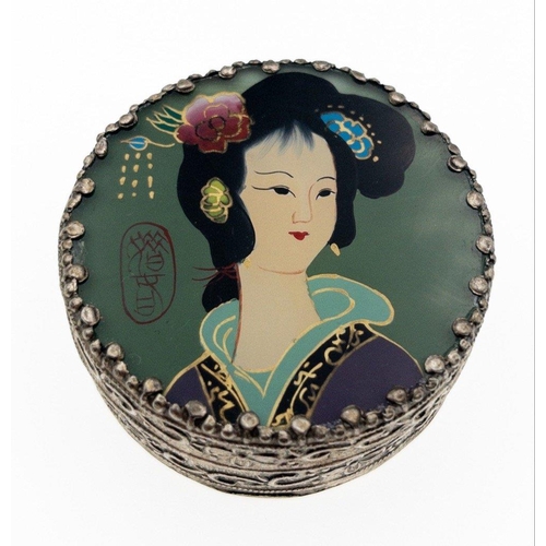 436 - A small Oriental trinket box with mirror inside lid (5.5cm dia approx) with 925 stamped chain (44cm ... 