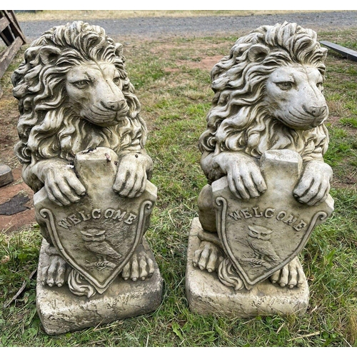 471 - A pair of SUBSTANTIAL AND FABULOUS stone ‘WELCOME ‘ doorstep sitting LIONS - dimensions ... 