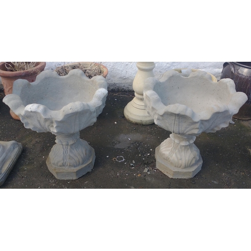 488 - Pair of stone-effect ornate 'Tulip form' garden  planters on hexagonal bases - dimensions for each a... 