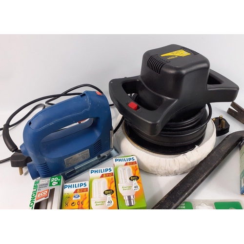 527 - A box containing various household items.  HOLKA 91013001 rotary polisher, Draper 75109 jigsaw (no b... 