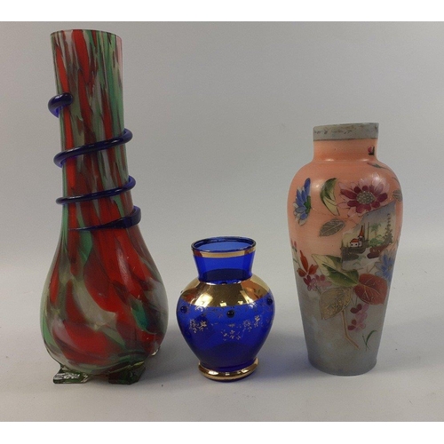 662 - 3 small class vases a MURANO STYLE multicoloured in shades of red and green with a blue spiral set o... 