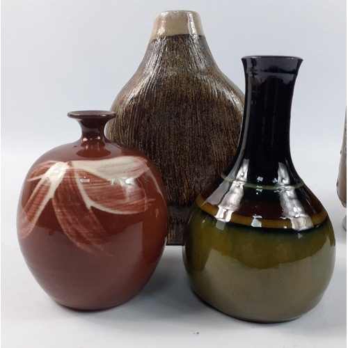 716 - 5 pieces of STUDIO POTTERY a pair of 22cm tall vases an unusual onion shape flask vase and two small... 