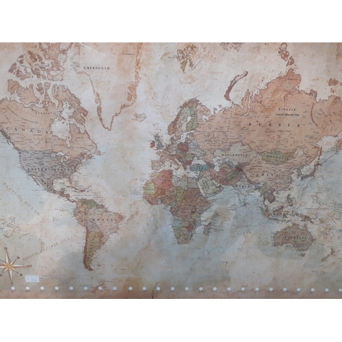 754 - A framed map of the world complete with time zones printed to look as though on fabric, border is of... 