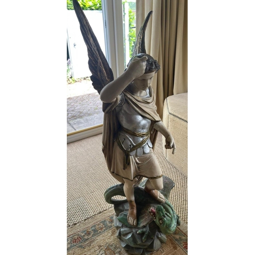 758 - ANTIQUE plaster of Paris St GEORGE SLAYING THE DRAGON statue inspired possibly French - 1m tall - th... 