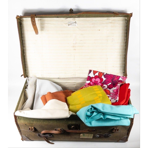 789 - A large vintage fabric suitcase with leather edgings and handles (84x46x30cm approx) FULL of vintage... 