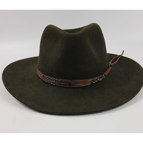 798 - A quality khaki-coloured fedora (size 59) from THE HATTER made from pure fur felt, with an inner lea... 