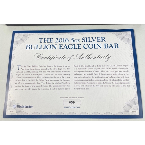 25 - A 2016 5oz silver bullion eagle coin bar and a 2011 coloured silver eagle coin set - both items are ... 