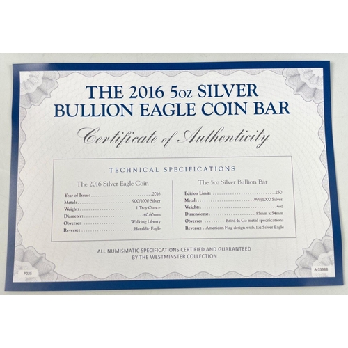 25 - A 2016 5oz silver bullion eagle coin bar and a 2011 coloured silver eagle coin set - both items are ... 