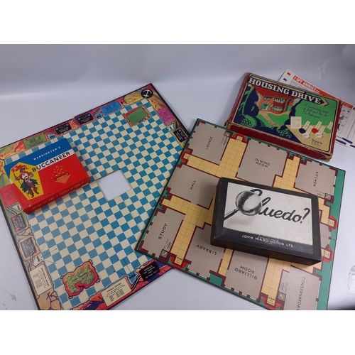 253 - Vintage board games to include Waddington's BUCCANEER (1958), CLUEDO (1947), Pepys Series HOUSING DR... 