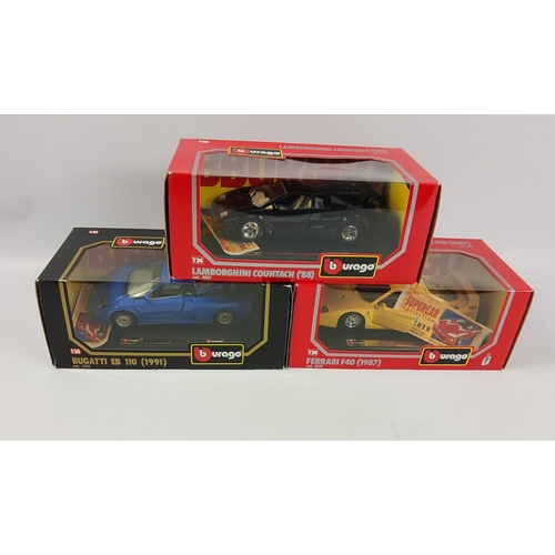 267 - Three boxed as new BURAGO 1/24 die-cast metal model cars to include a Ferrari F40 (1987), a Lamborgh... 