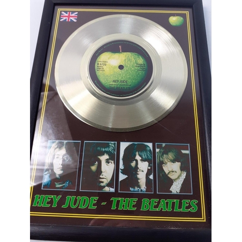 340 - Two 'gold' singles in frames - Hey Jude by the BEATLES and Forever Autumn by Justin Hayward from THE... 