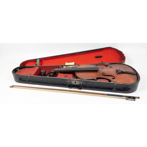 357 - VINTAGE VIOLIN by ‘Qualite Dulcis et Fortis JTL' 60cm length x 22cm width approx with bow in o... 