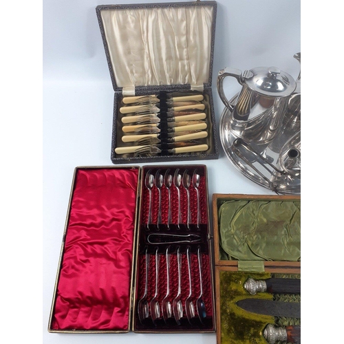 60 - EPNS lot to include cased Christopher Johnson carving set in fitted case, attractive red lined teasp... 