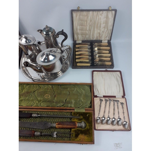 60 - EPNS lot to include cased Christopher Johnson carving set in fitted case, attractive red lined teasp... 