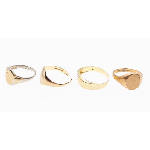 7 - FOUR rings, TWO 375 stamped yellow gold gents rings, one which has been cut through, gold weight 4.6... 