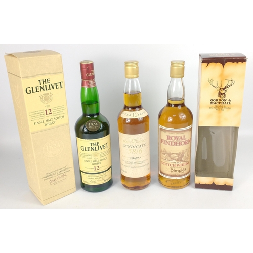 549 - Three bottles of whisky, a boxed 12 year old malt THE GLENLIVET, a boxed GORDON & MACPHAIL Royal... 