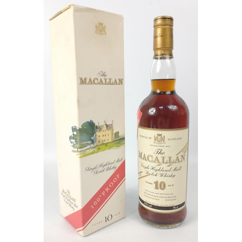 575 - MACALLAN - A boxed bottle of 100 PROOF Macallan 75cl purchased in June 1990 - the box is worn but in... 