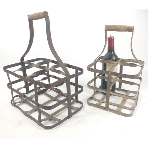 674 - Two metal antique French wine bottle carriers with wooden handles and great original patina - one fo... 