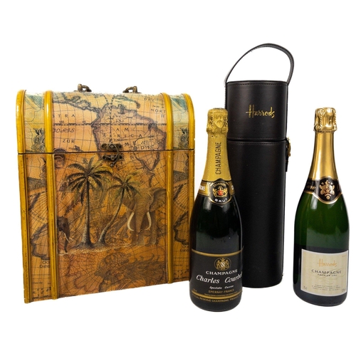 676 - A bottle of CHARLES COURBET Champagne also another bottle of HARRODS Champagne with a leather look b... 