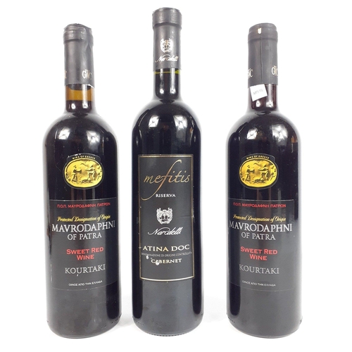 685 - Two bottles of GREEK Red wine Mavrodaphni of Patra and an ATINA DOC Cabernet. The item is sold as de... 