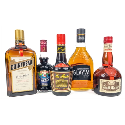 712 - Mixed lot of 5 bottles, 1litre of COINTREAU, 50cl of GLAYVA, .35L GRAND MARNIER, 350ml TIA MARIA and... 