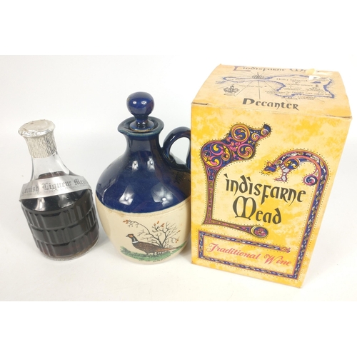 713 - LINDISFARNE MEAD - a boxed decanter with pheasant design plus a 17.5cl bottle of CORNISH LIQUEUR MEA... 