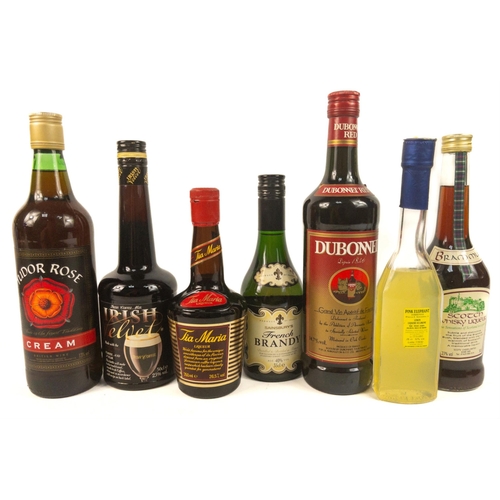 714 - Seven assorted bottles to include DUBONNET, IRISH VELVET LIQUEUR (50cl), BRAMMLE SCOTCH WHISKY lique... 