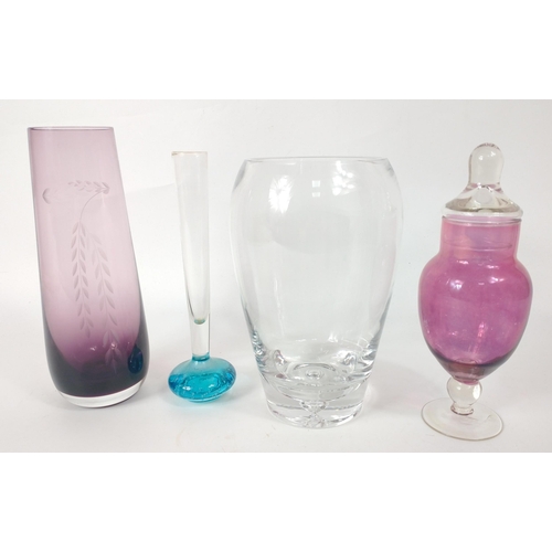 100 - Four pieces of mixed glassware to include a beautiful cranberry apothecary style jar with clear glas... 