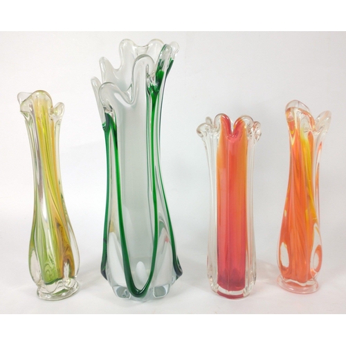 101 - Four pieces of striped glass vases ranging in height from 21cm to 30cm#112